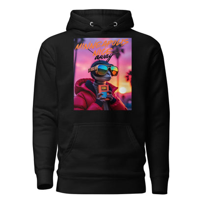 Black hoodie with retro vaporwave lizard graphic, cool cyber street outfit and unique punk designs for rave fashion.