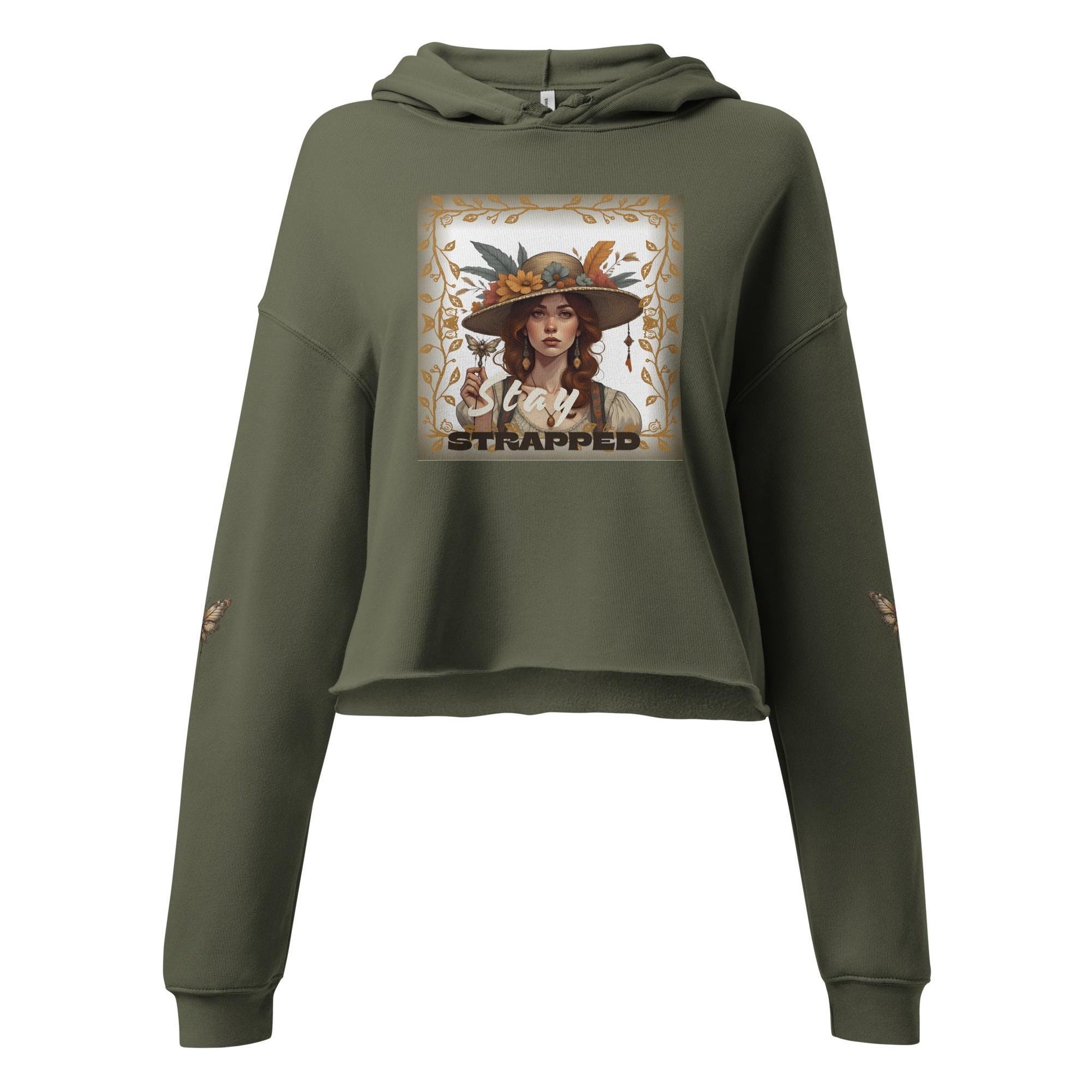 Olive Green Cropped Hoodie for Women with Retro Art Design Front View