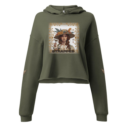 Olive Green Cropped Hoodie for Women with Retro Art Design Front View