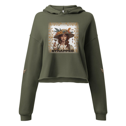 Olive Green Cropped Hoodie for Women with Retro Art Design Front View