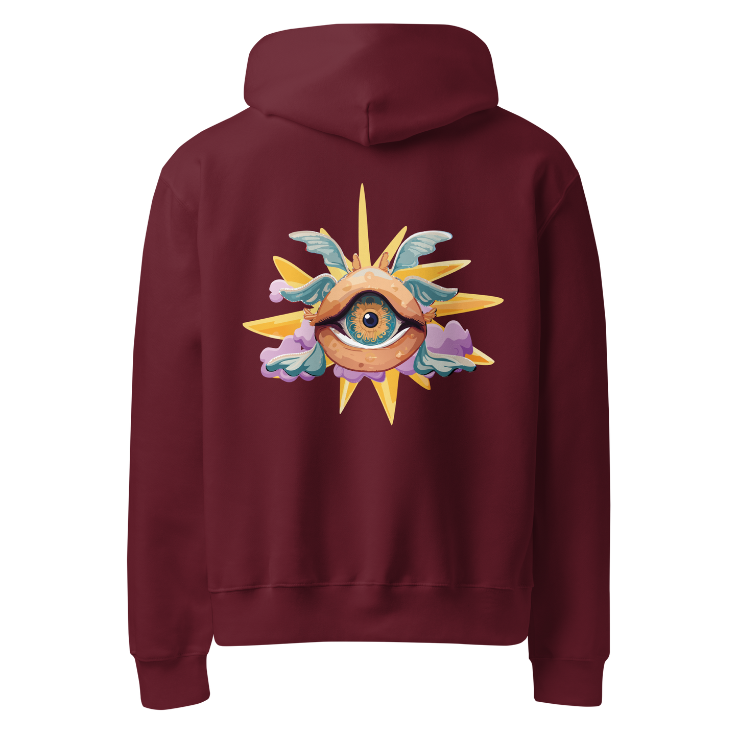 Maroon hoodie back view featuring Mystic Sun graphic print, unique punk designs for aesthetic streetwear and rave wear.