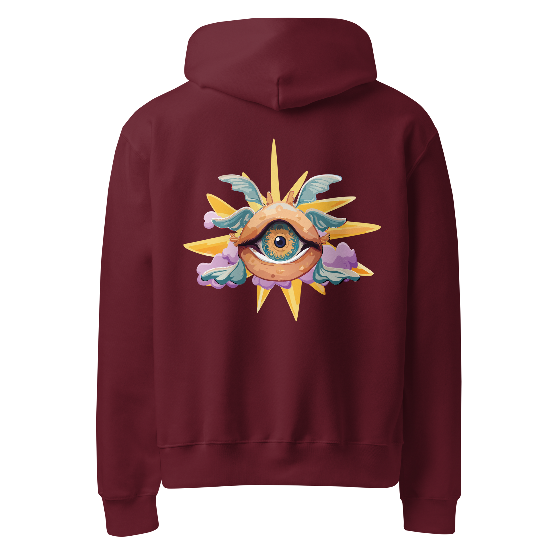 Maroon hoodie back view featuring Mystic Sun graphic print, unique punk designs for aesthetic streetwear and rave wear.