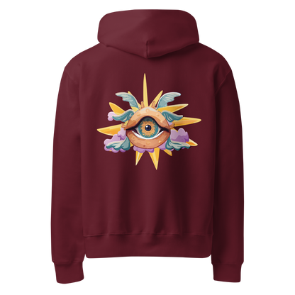 Maroon hoodie back view featuring Mystic Sun graphic print, unique punk designs for aesthetic streetwear and rave wear.