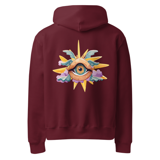 Maroon hoodie back view featuring Mystic Sun graphic print, unique punk designs for aesthetic streetwear and rave wear.