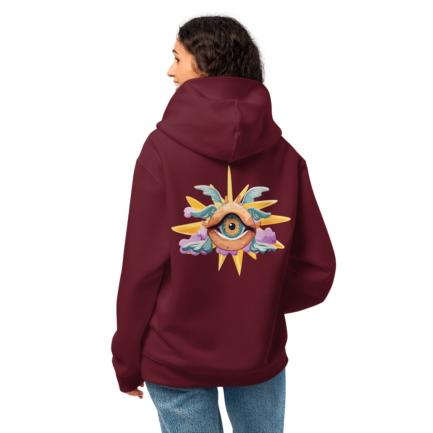 Female model wearing Trashed Punk hoodie with back graphic, perfect for festival clothing women and edgy street fashion.