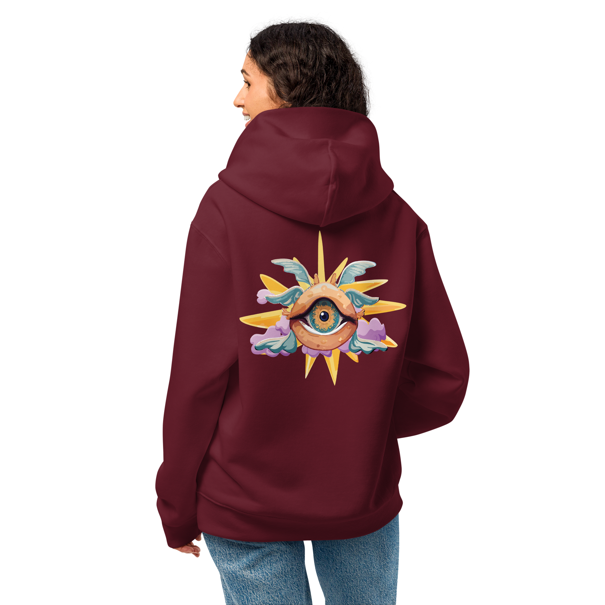 Female model wearing Trashed Punk hoodie with back graphic, perfect for festival clothing women and edgy street fashion.