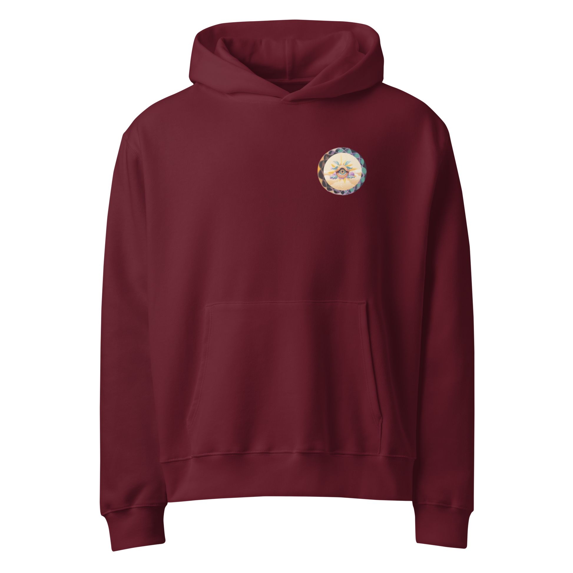 Trashed Punk Maroon hoodie front view with small chest logo, oversized hoodie USA style for grunge fashion lovers.