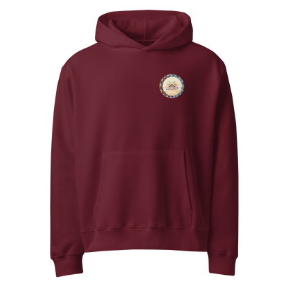 Trashed Punk Maroon hoodie front view with small chest logo, oversized hoodie USA style for grunge fashion lovers.