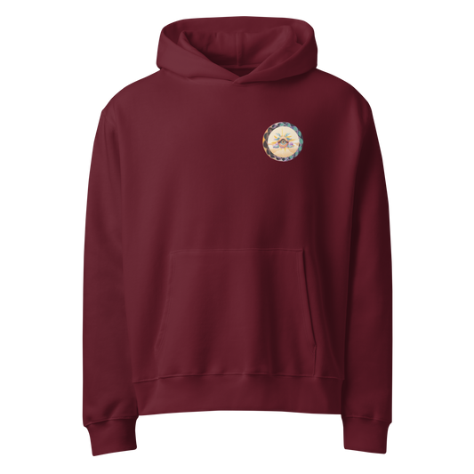 Trashed Punk Maroon hoodie front view with small chest logo, oversized hoodie USA style for grunge fashion lovers.
